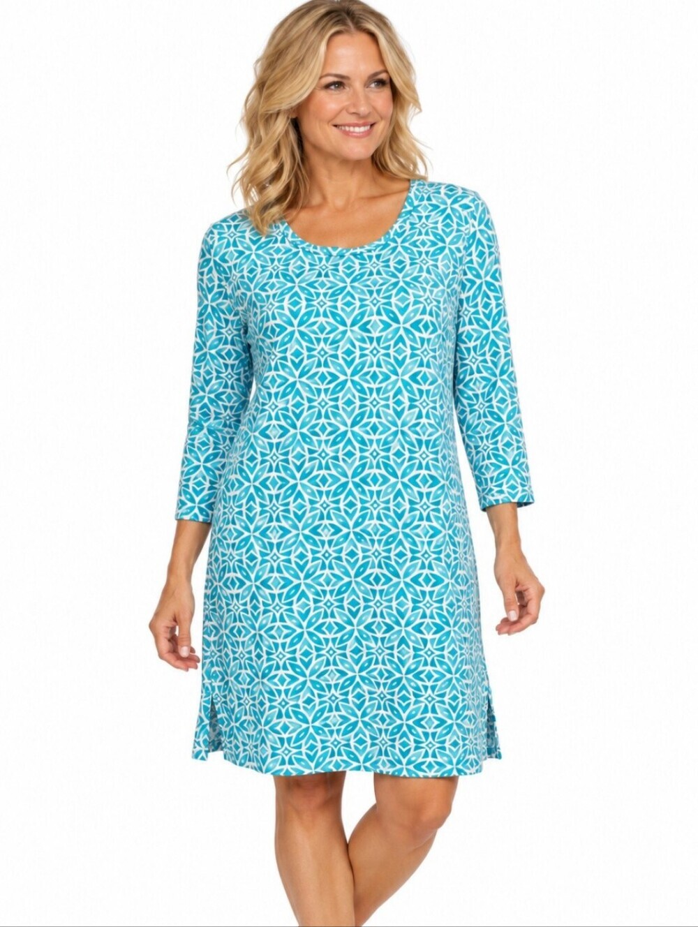Lulu-B Colorful Clothing Dress M Turquoise White Geometric 3/4 Sleeve SPF 50 - Picture 1 of 14